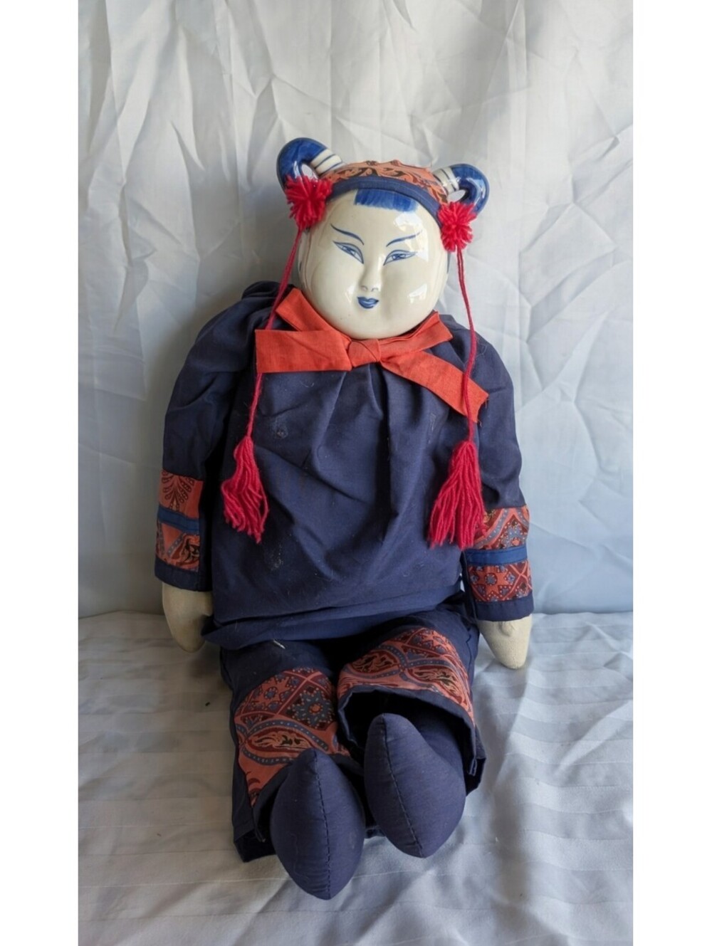 Vintage Asian Porcelain and Cloth Doll with Blue Hair Buns, 25 Inch Shelf Sitter